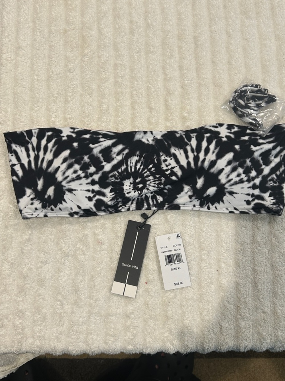 Dolce Vita Black & White Tie-Dye Bandeau Bikini Top with straps. NWT
